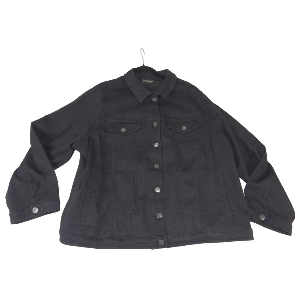 DG2 Diane Gilman Black Denim Trucker Jacket Plus Size 3X Solid Twill Outerwear